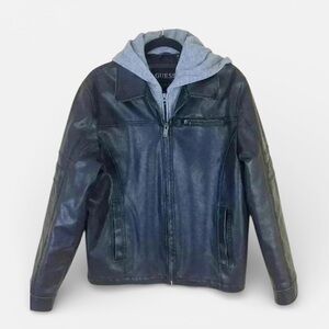Guess Men Black Faux Leather Double Zip Hooded Coat Moto Bomber Jacket Size S